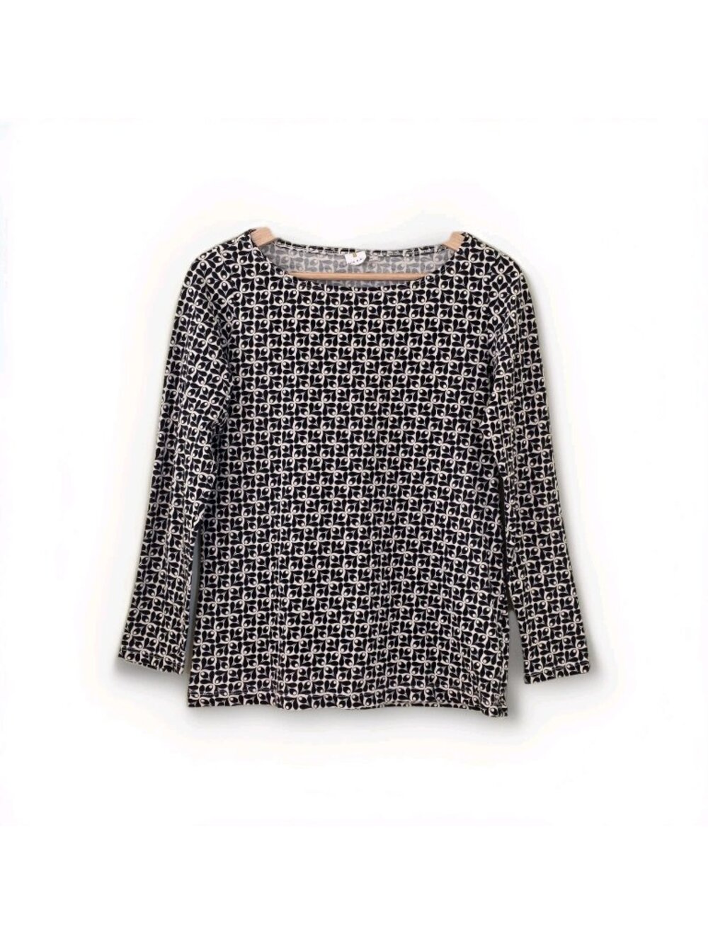 Orla Kiely x Uniqlo Top Womens L Black Cream Cotton LS Retro Stem Print Mod Edgy